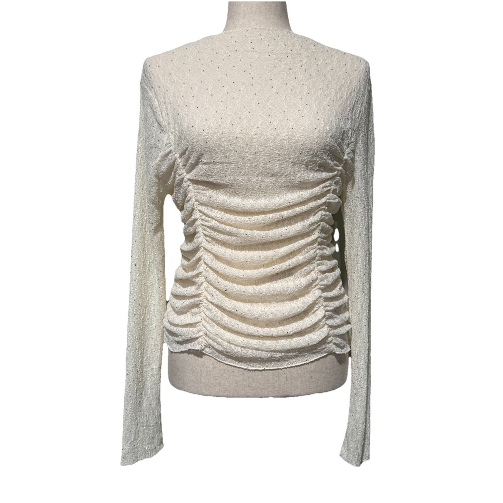 Embellished Sheer Lace Ruched Fairy Top Womens Medium‎ Cream Stretch Festival